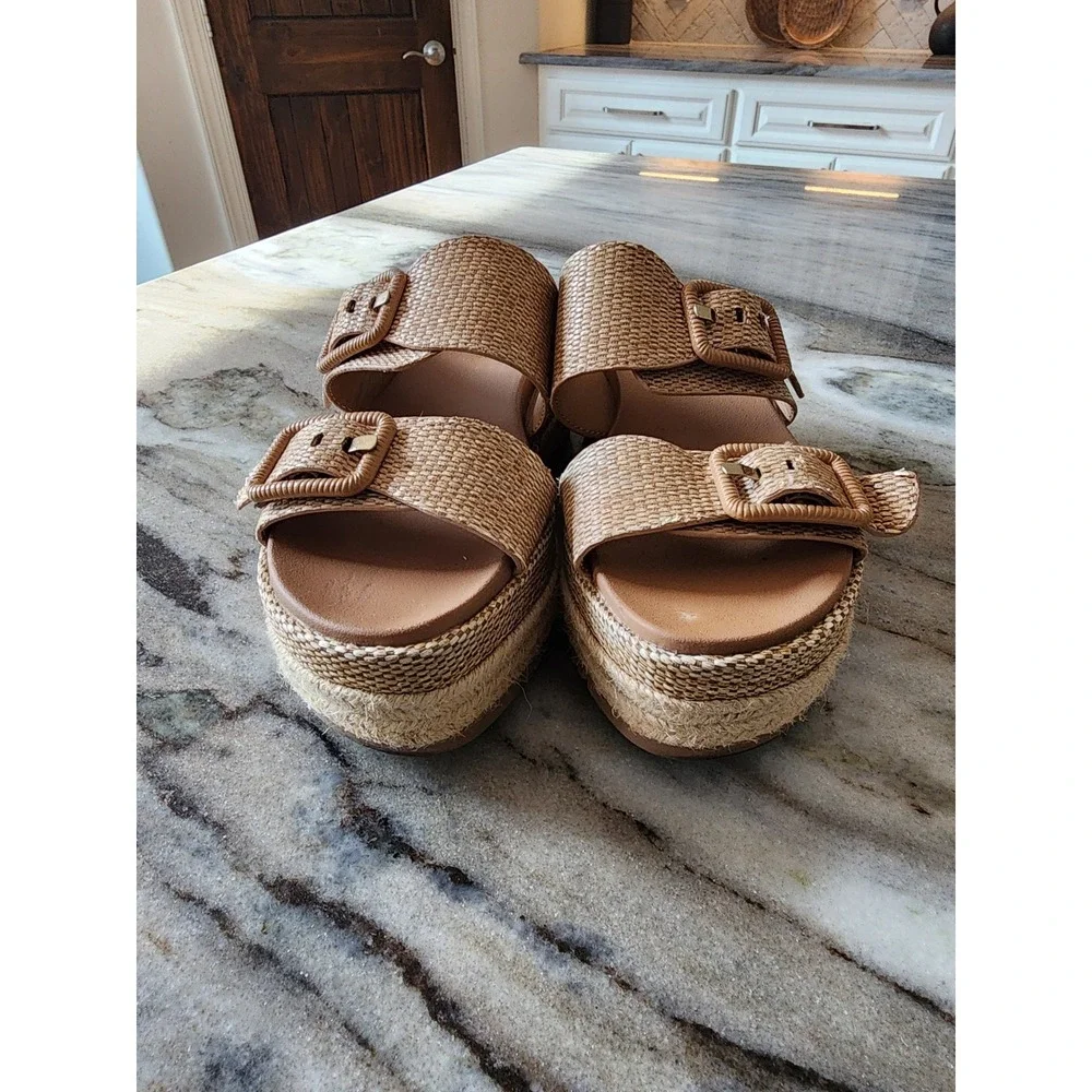 Boutique Womens Woven Espadrille Platform Slide Sandals Tan Size 7 Boho Coastal